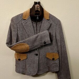 BCBG Max Azaria Wool Jacket Blazer Elbow Patches Zipper Equestrian Academia Sz L